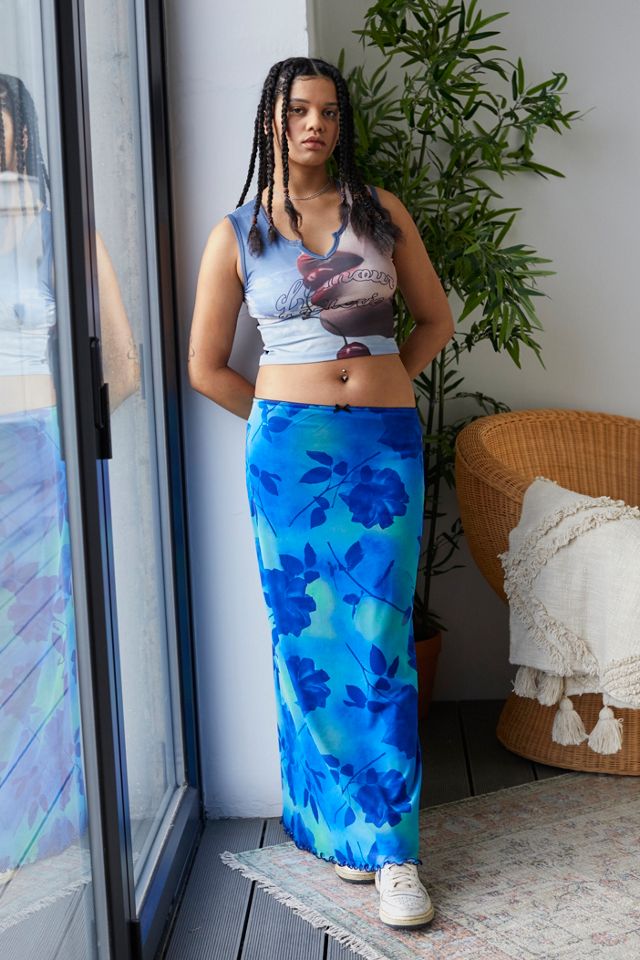 UO Low Rise Blue Floral Print Mesh Maxi Skirt #2