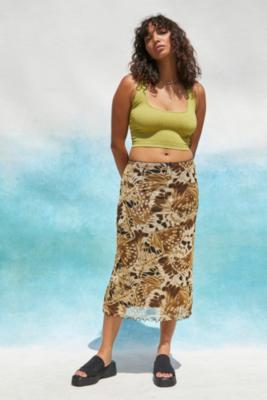 UO Brown Butterfly Mesh Midi Skirt - Brown S at Urban Outfitters
