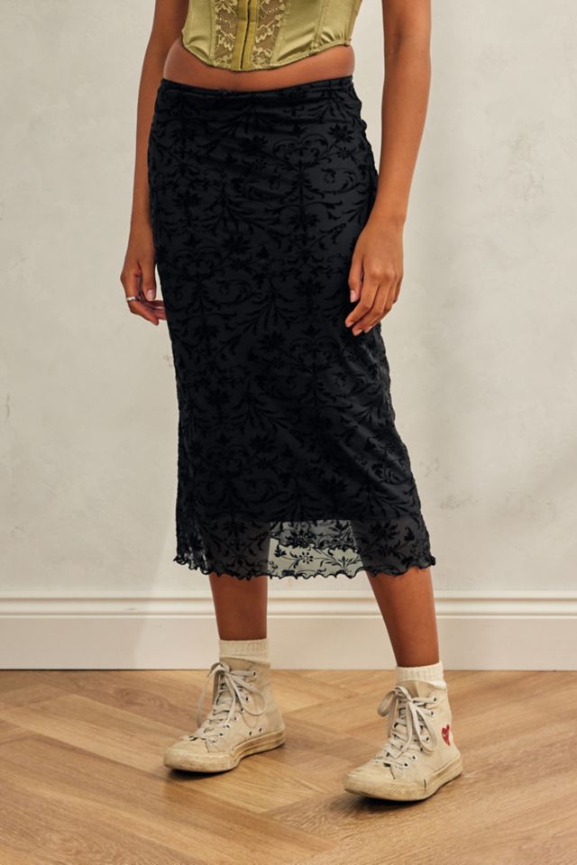 UO Black Floral Flocked Mesh Midi Skirt