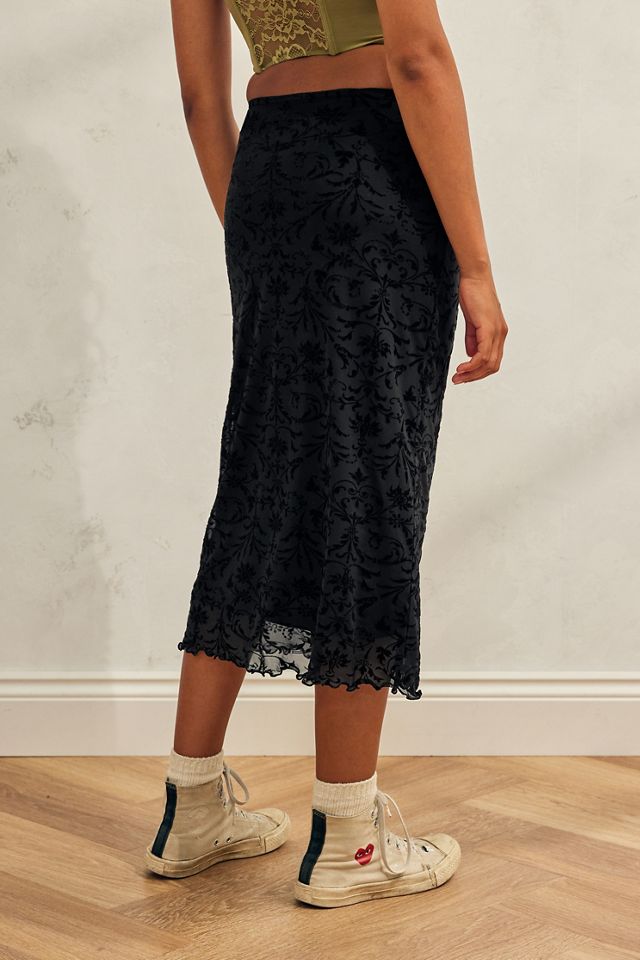 UO Black Floral Flocked Mesh Midi Skirt #2