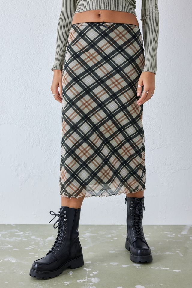 UO Neutral Check Mesh Midi Skirt | Urban Outfitters UK