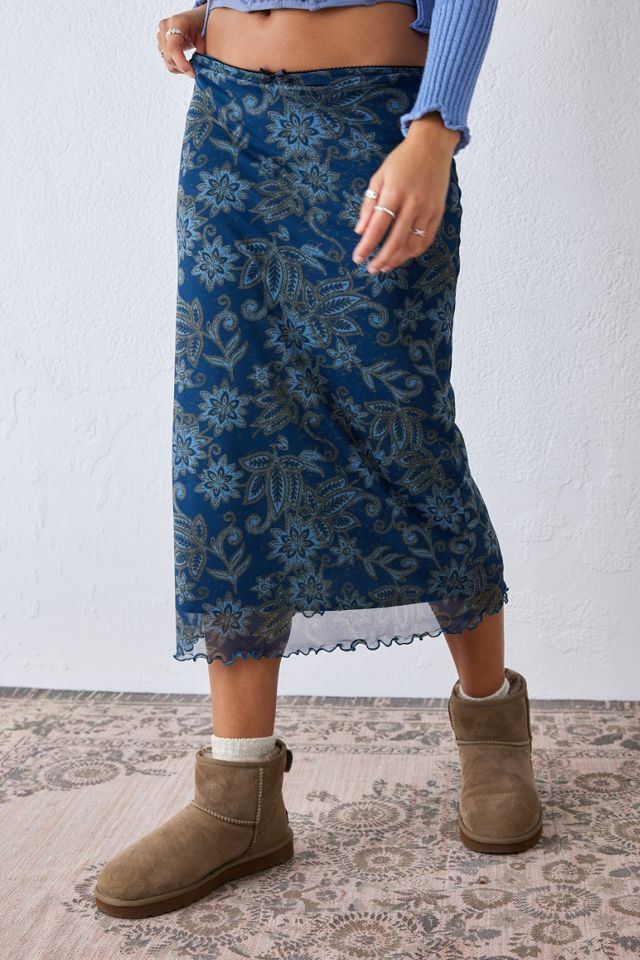 UO Dark Blue Paisley Mesh Midi Skirt #1