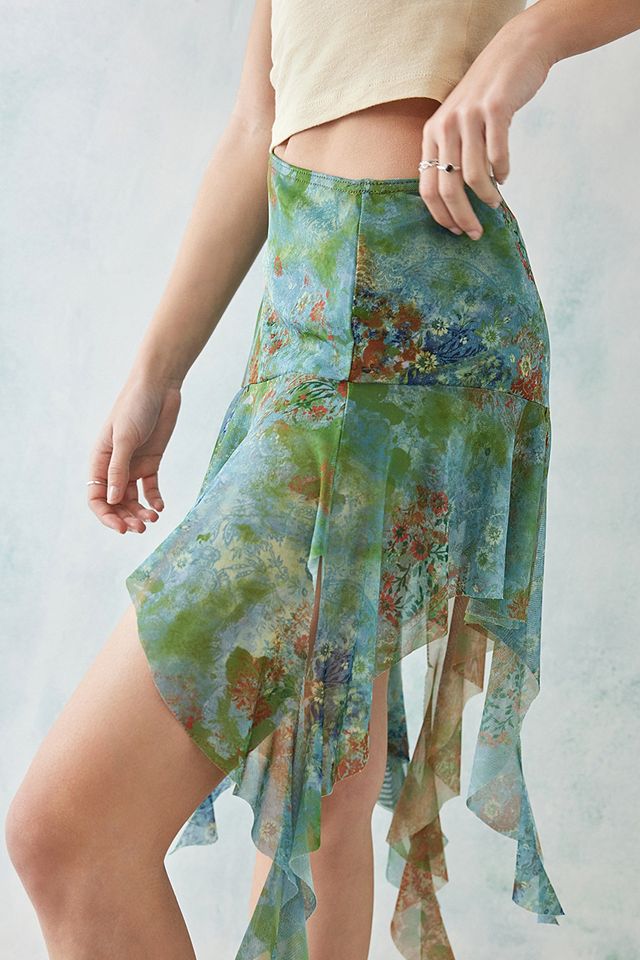 UO Green Floral Asymmetrical Mesh Mini Skirt 