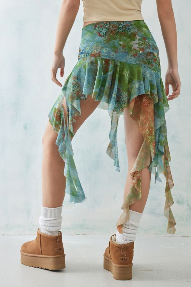 UO Green Floral Asymmetrical Mesh Mini Skirt