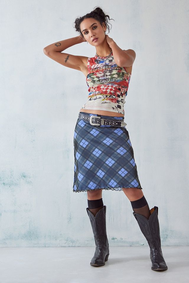 UO Blue Check Super Awkward Mesh Midi Skirt #1