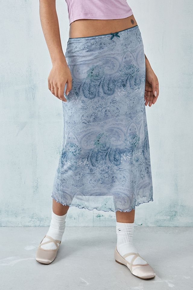 UO Blue Classic Tapestry Print Mesh Midi Skirt | Urban Outfitters UK