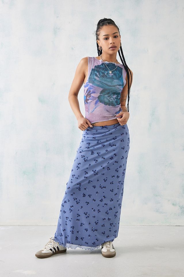 UO Blue Ditsy Floral Mesh Maxi Skirt #1