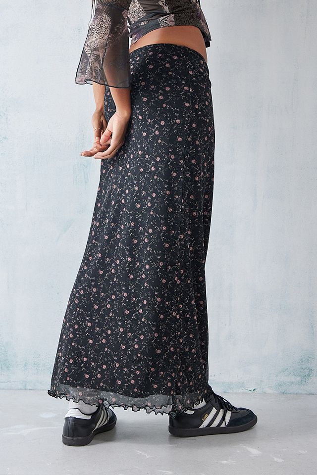 UO Pink & Black Ditsy Floral Mesh Maxi Skirt | Urban Outfitters UK