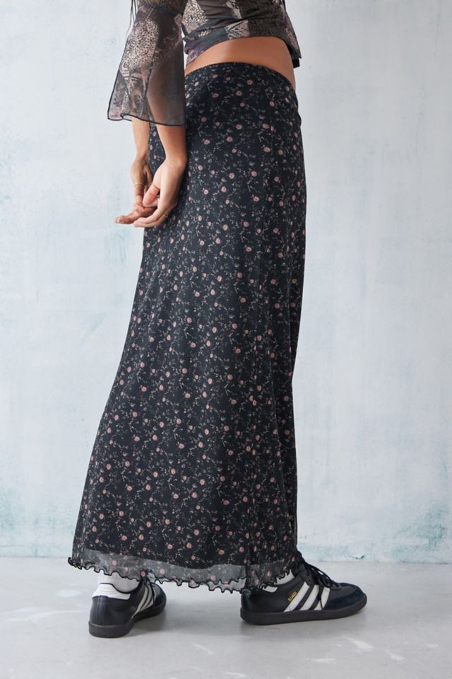 UO Pink & Black Ditsy Floral Mesh Maxi Skirt