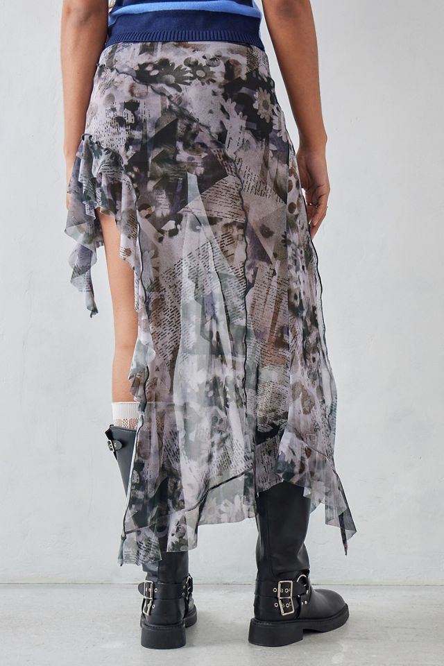 UO Ivy Newspaper Print Mesh Asymmetrical Mini Skirt  #3