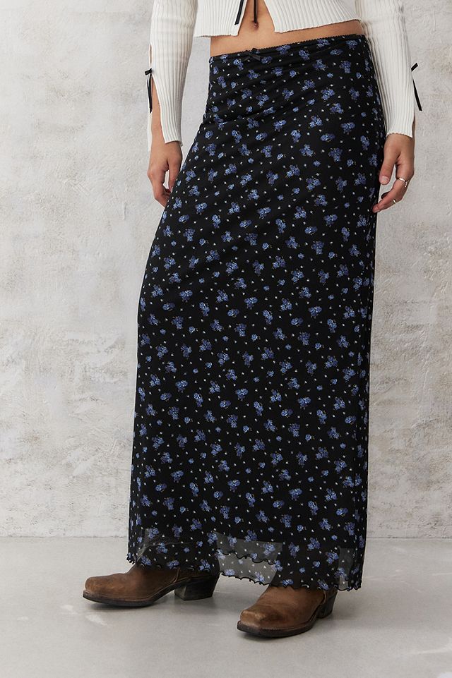 UO Black Ditsy Floral Mesh Maxi Skirt | Urban Outfitters UK