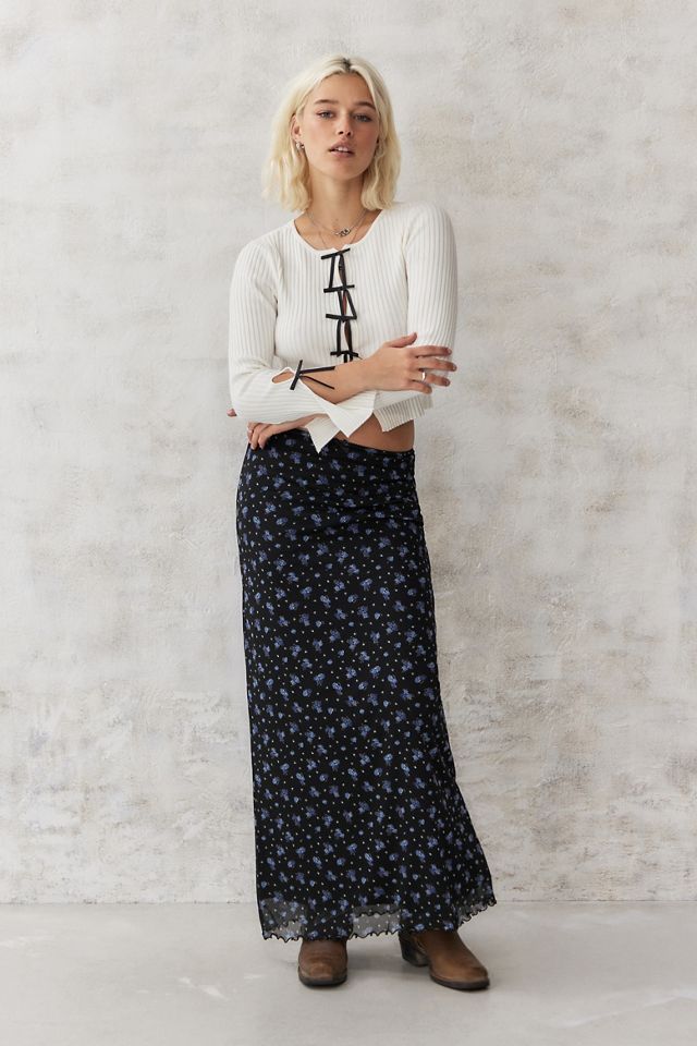 UO Black Ditsy Floral Mesh Maxi Skirt  #1