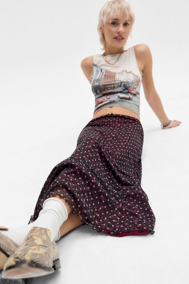 UO Floral & Spot Mesh Maxi Skirt