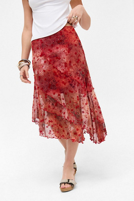 UO Asymmetric Flock Midi Skirt Product Page