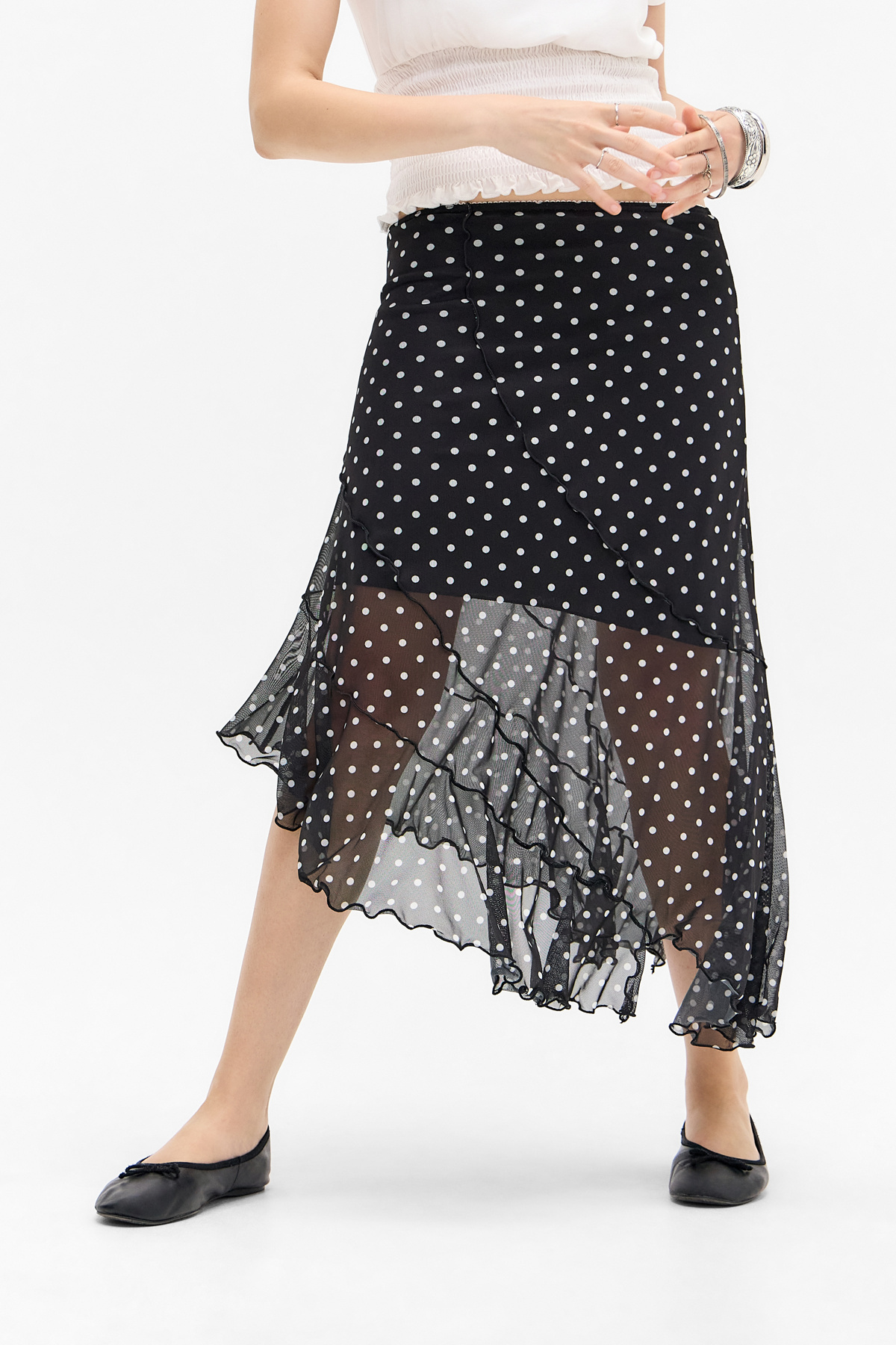 UO Asymmetric Mesh Midi Skirt