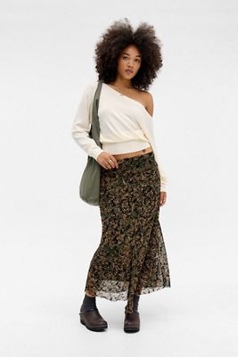 UO Contour Flock Mesh Maxi Skirt