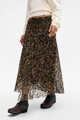 UO Contour Flock Mesh Maxi Skirt