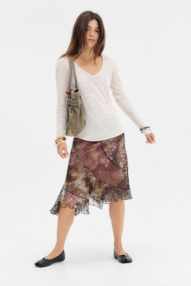 UO Stevie Printed Mesh & Lace Midi Slip Skirt #1