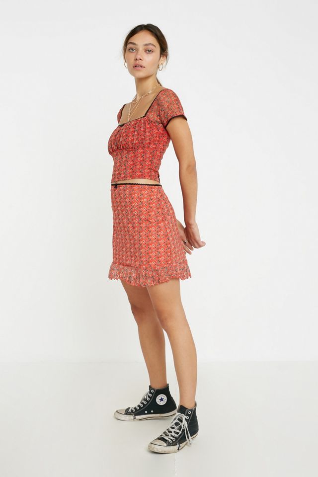 UO Floral Mesh Frill Hem Mini Skirt #1