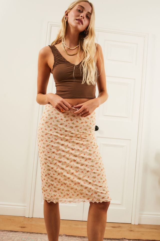 UO White Floral Awkward Mesh Midi Skirt