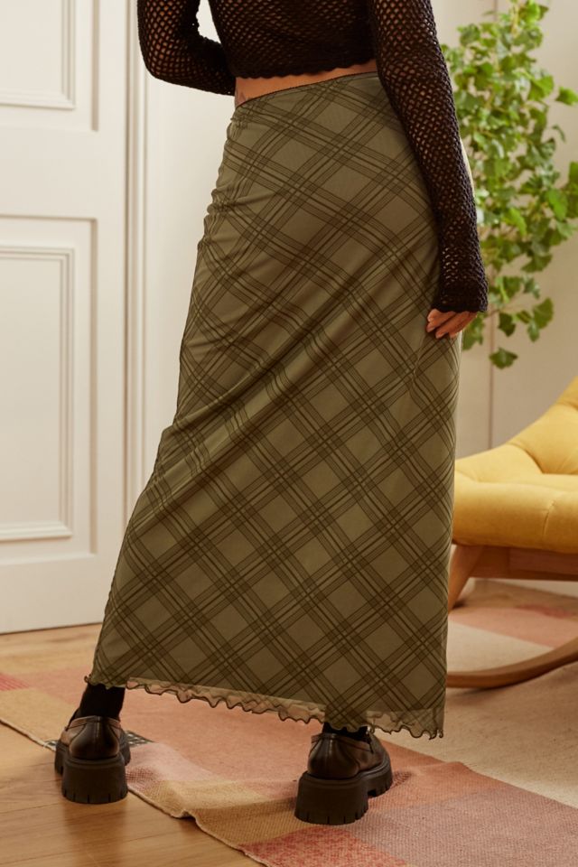 UO Low Rise Olive Check Print Mesh Maxi Skirt