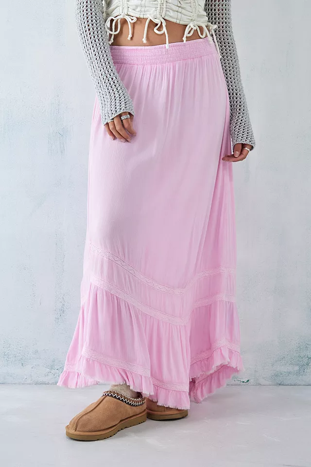 urbanoutfitters.com | UO Pink Crinkle Asymmetrical Prairie Maxi Skirt