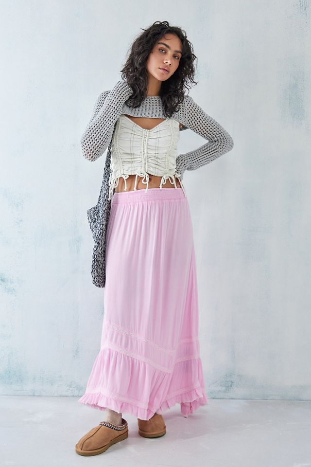 UO Pink Crinkle Asymmetrical Prairie Maxi Skirt #1
