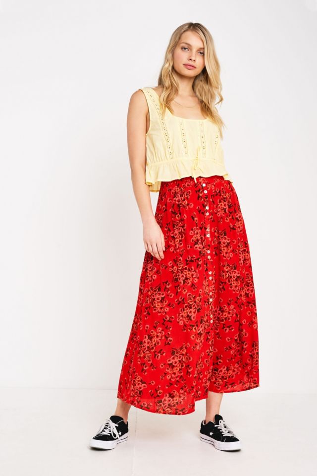 UO Pink Floral Beach Button-Through Midi Skirt | Urban Outfitters UK