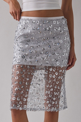 UO Crystal Sequin Midi Skirt - Silver L at Urban Outfitters