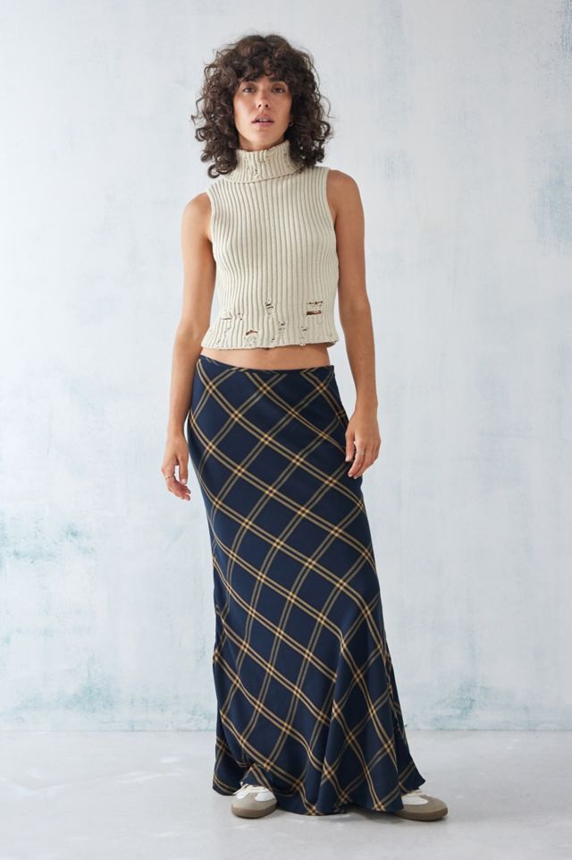 UO Navy Check Bias Cut Maxi Skirt Urban Outfitters UK