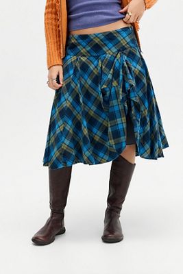 UO Blue Check Olga Hitched Midi Skirt