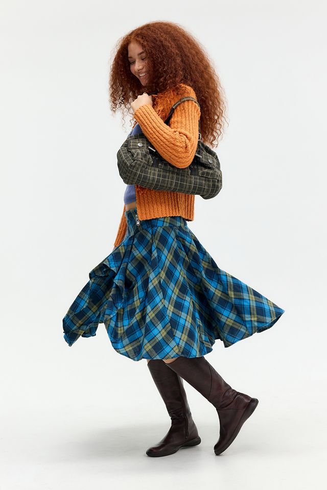 UO Blue Check Olga Hitched Midi Skirt #1