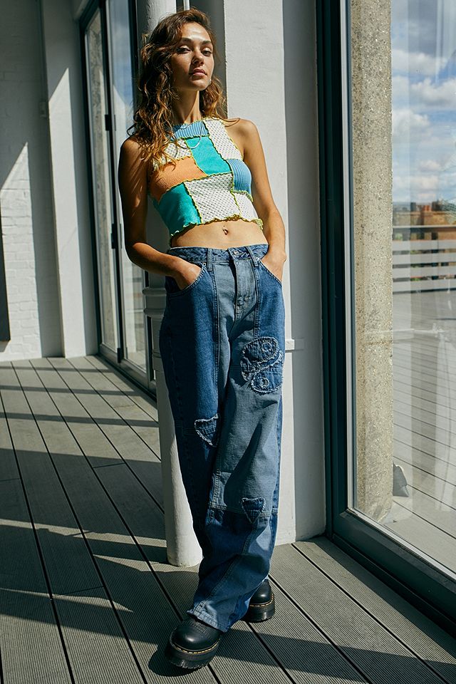 BDG Peace Patchwork Wide-Leg Puddle Jeans | Urban Outfitters UK