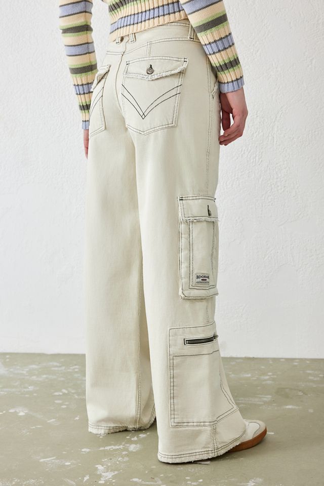 Free People denim low rise wide cargo pants in off white