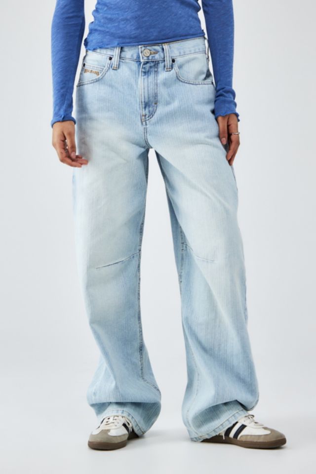 BDG Jacquard Blue Logan Cinch Back Boyfriend Jeans | Urban Outfitters UK
