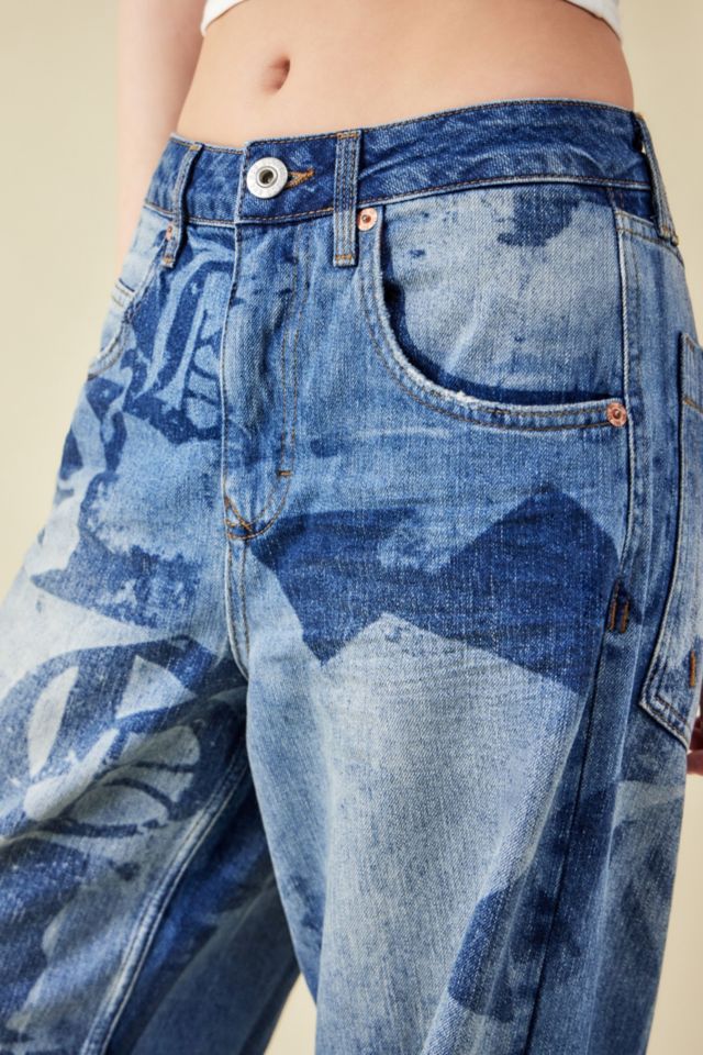 Jeans Baggy Donna/uomo, Vita Alta E Stampa, In Denim Largo Nero - Stile Goth Streetwear