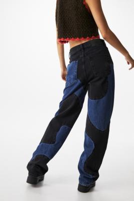 black and blue patchwork jeans