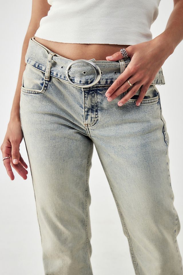 Danette Rhinestone Belted Flare Jeans - High-Waisted Glam Denim