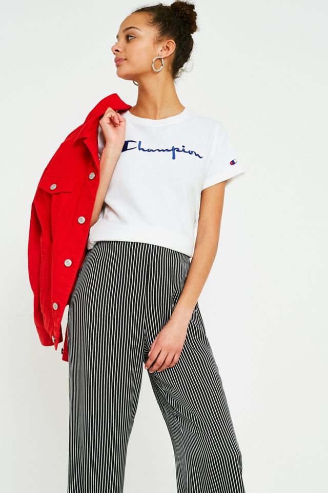 UO Black and White Pinstripe Satin Flare Trousers #5