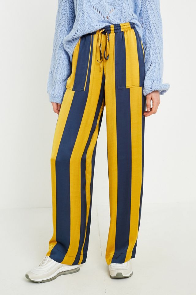 UO Yellow and Navy Striped Satin Puddle Trousers #3
