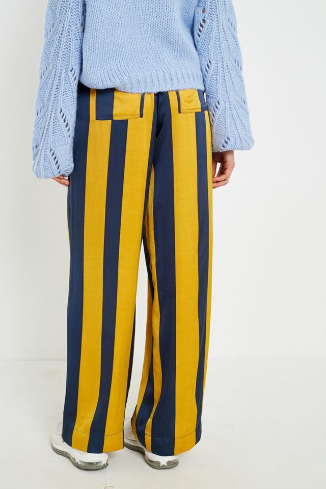UO Yellow and Navy Striped Satin Puddle Trousers #4