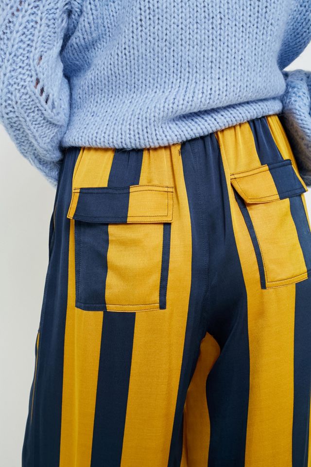 UO Yellow and Navy Striped Satin Puddle Trousers #5