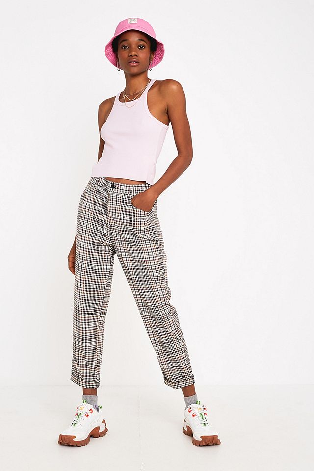 checker print cigarette pants Urban Outfitters + Tan Check Slim Trousers Fit Advice Buy Reiko Women Cigarette Fit