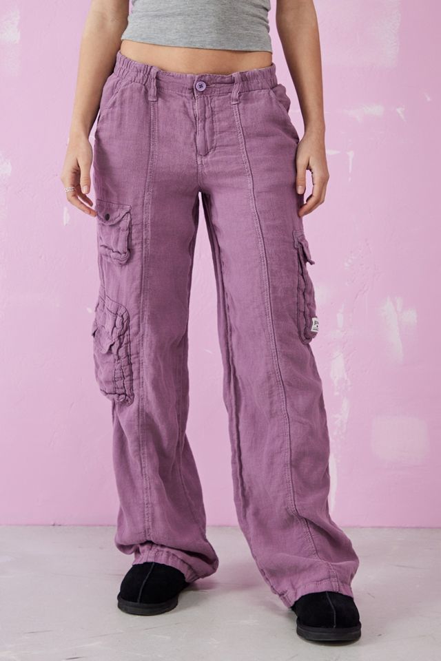 BDG Purple Linen Multi-Pocket Cargo Pants