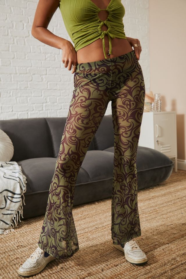 UO Georgia Mesh Flare Tattoo Print Pants