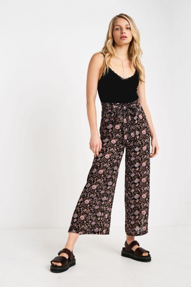 UO Black Floral Wrap Trousers | Urban Outfitters UK