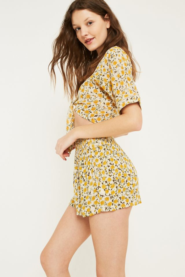 UO Yellow Floral Shirred Beach Shorts #2