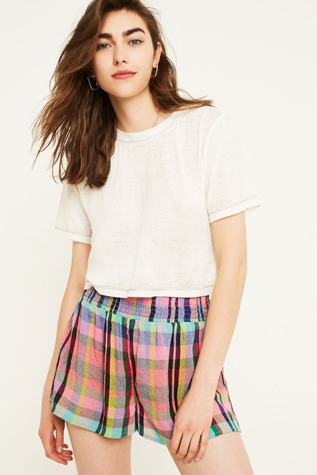 UO Madras Check Print Smocked Beach Shorts #1