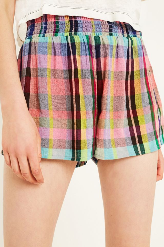 UO Madras Check Print Smocked Beach Shorts #3