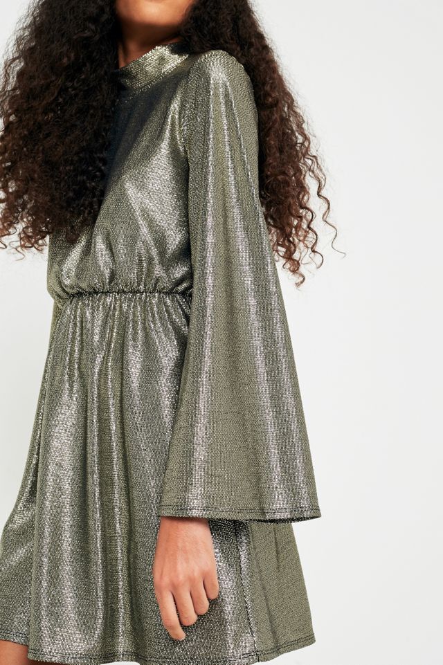 Pins & Needles Gold Metallic Flute Sleeve Tunic Dress #2